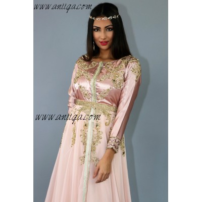 Caftan robe moderne rose poudré et doré