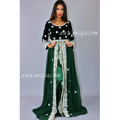 Caftan vert velour mousseline perlé