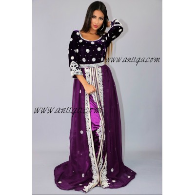 Caftan violet velour mousseline perlé