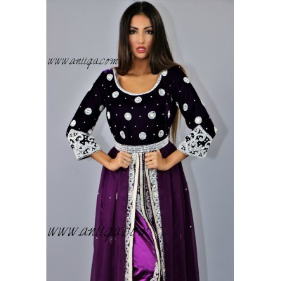 Caftan violet velour mousseline perlé