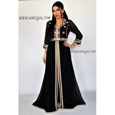 Caftan noir chic orné de pierres de verre