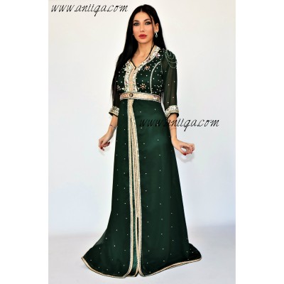 Caftan vert  chic orné de pierres de verre