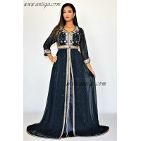 Caftan bleu nuit chic orné de pierres de verre