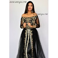 Caftan moderne noir tulle et satin orné de cristaux