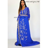 Caftan bleu roi mousseline brodé et perlé coupe cloche