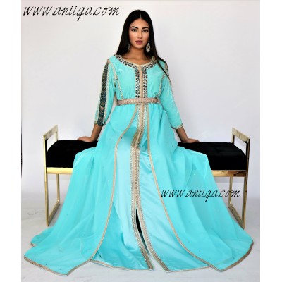 Caftan moderne turquois velour et mousseline