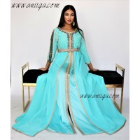 Caftan moderne turquois velour et mousseline