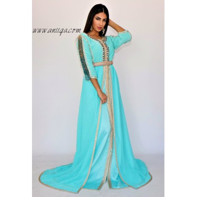 Caftan moderne turquois velour et mousseline