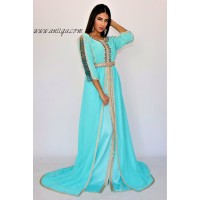 Caftan moderne turquois velour et mousseline