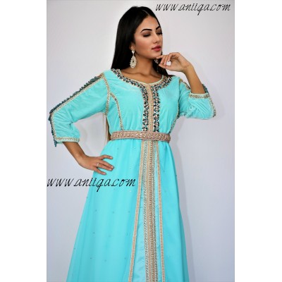 Caftan moderne turquois velour et mousseline