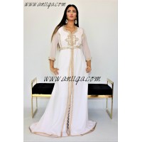 Caftan rose pâle moderne mousseline perlé coupe évasé