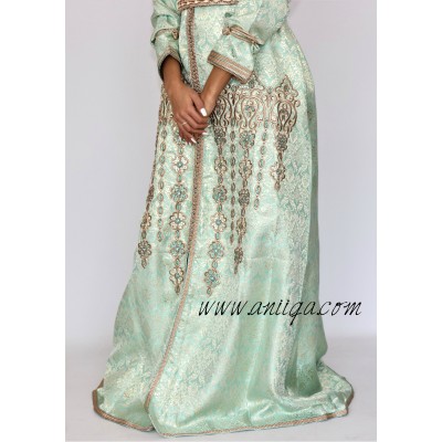 Caftan vert eau brocard brodé et perlé