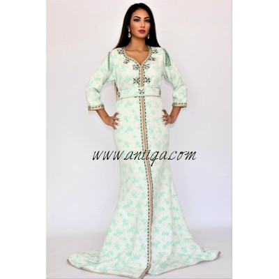 Caftan vert eau sirène brocard perlé