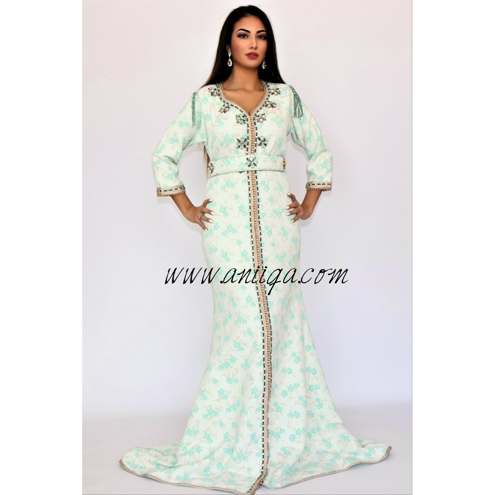 Caftan vert eau sirène brocard perlé