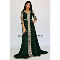 Caftan vert royal haut de gamme perlé et orné de pierres de verre