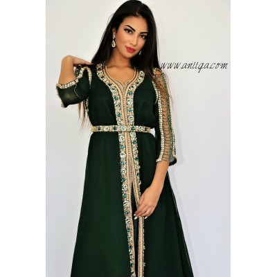 Caftan vert royal haut de gamme perlé et orné de pierres de verre