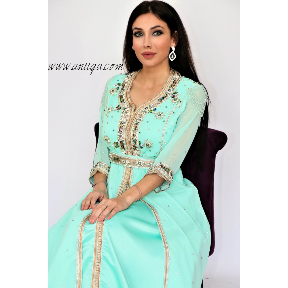 caftan moderne pas cher,caftan 2019 en ligne,caftan marocain pas cher,caftan vert eau 2019