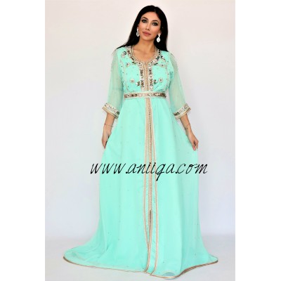 takchita moderne en ligne,caftan 2019,caftan simple perlé ,caftan moderne vert eau ,takchita vert eau ,caftan chic