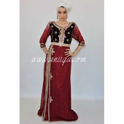 Caftan bordeau moderne velours et mousseline