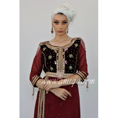 Caftan bordeau moderne velours et mousseline