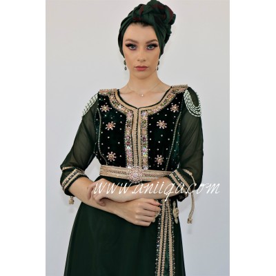 Caftan vert royal moderne velours et mousseline