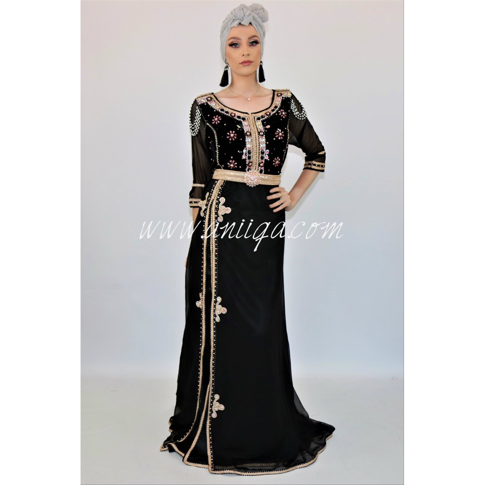 Caftan noir moderne velours et mousseline