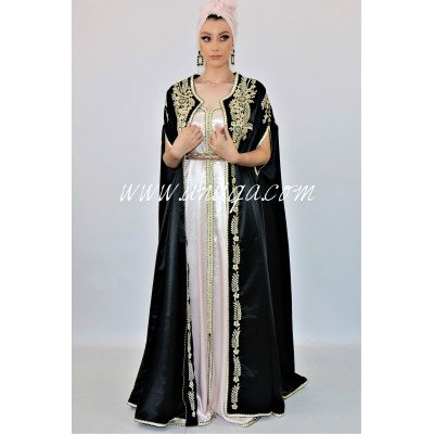 Caftan cape tendance noir et rose poudré broderie rbati