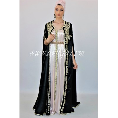 Caftan cape tendance noir et rose poudré broderie rbati