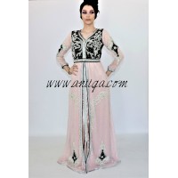 Caftan moderne velours et mousseline noir et rose poudré