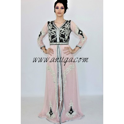 Caftan moderne velours et mousseline noir et rose poudré