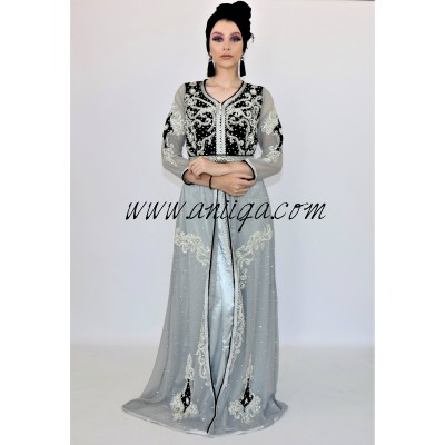 Caftan moderne velours et mousseline gris et noir