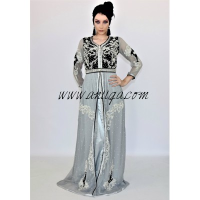 Caftan moderne velours et mousseline gris et noir