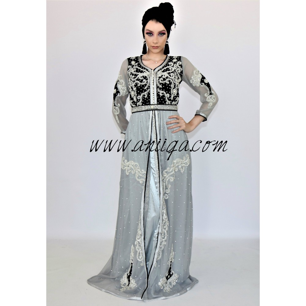 Caftan moderne velours et mousseline gris et noir