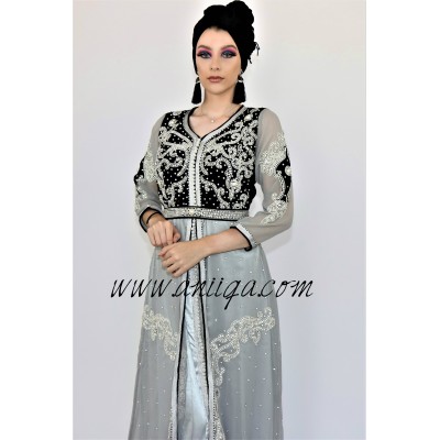 Caftan moderne velours et mousseline gris et noir