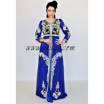 Caftan moderne velours et mousseline bleu roi et noir