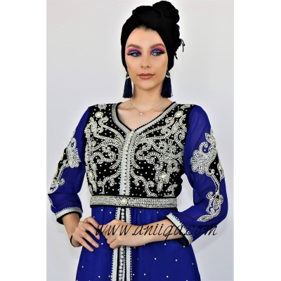 Caftan moderne velours et mousseline bleu roi et noir