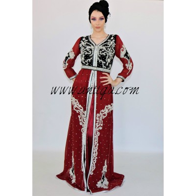 Caftan moderne velours et mousseline bordeau et noir