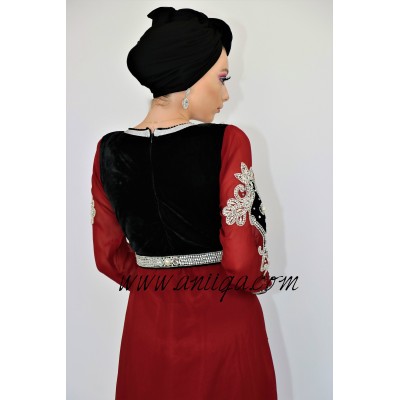 Caftan moderne velours et mousseline bordeau et noir