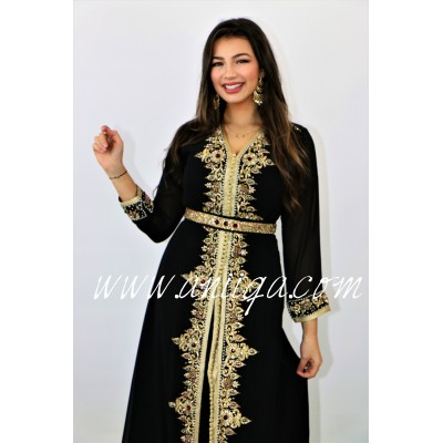 Caftan noir mousseline orné de pierres