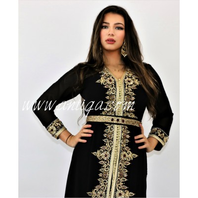 Caftan noir mousseline orné de pierres