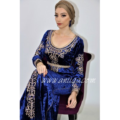 Caftan moderne col bateau bleu roi