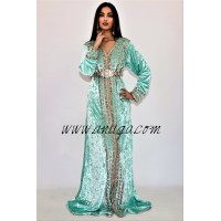 Caftan velours vert eau brodé et perlé