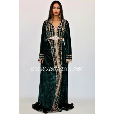 Caftan velours vert royal brodé et perlé