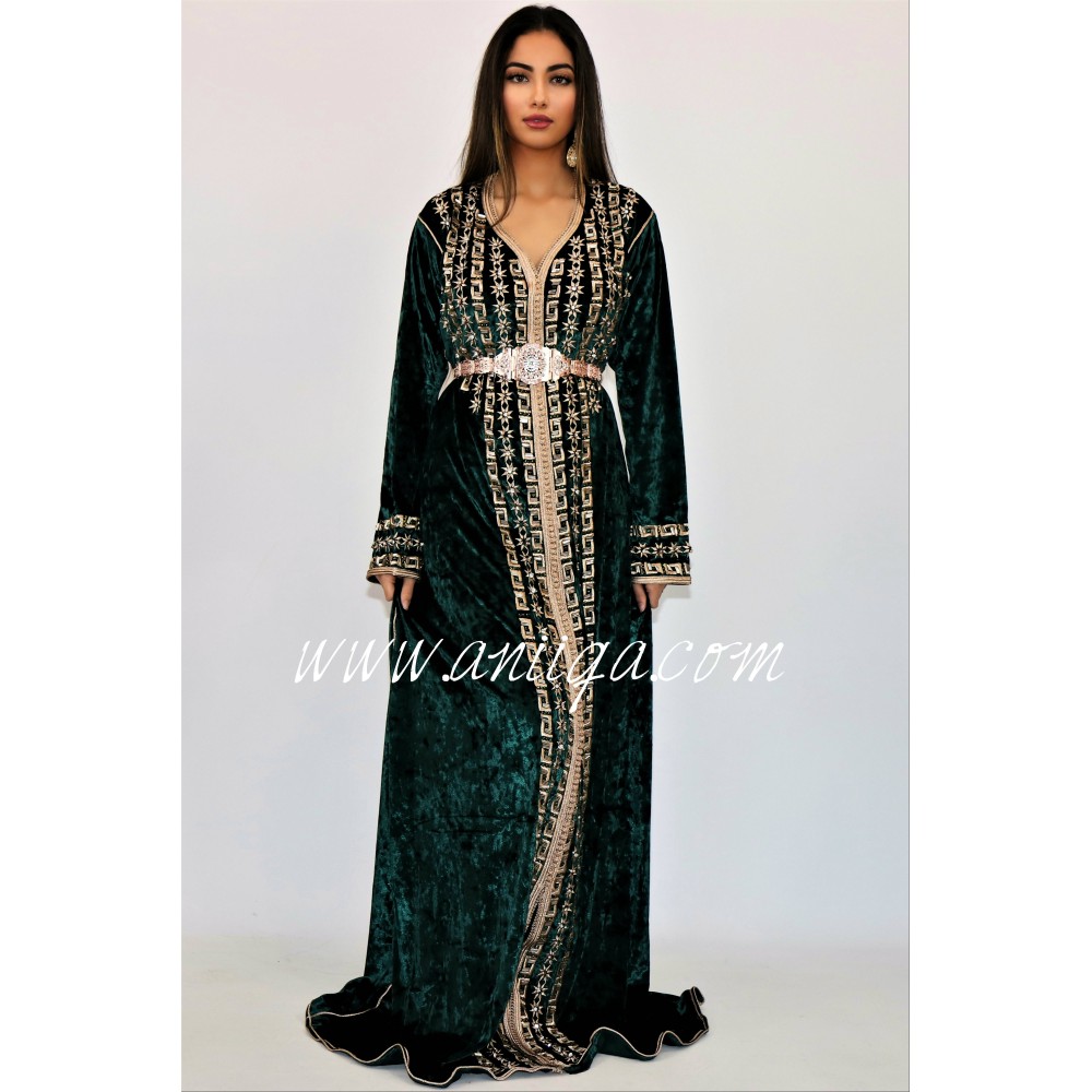 Caftan velours vert royal brodé et perlé