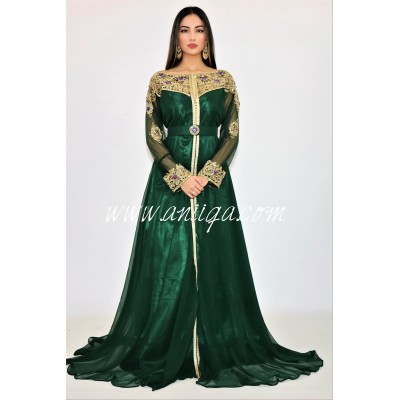 Caftan vert royal moderne col bateau cristal