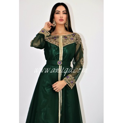 Caftan vert royal moderne col bateau cristal