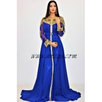 Caftan bleu roi moderne col bateau cristal