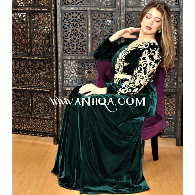 Caftan cache cœur vert royal et doré